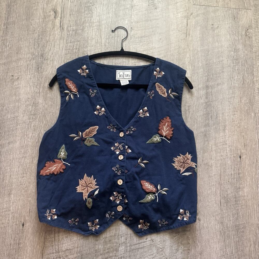 Vintage 90s Tantrums Embroidered Fall Vest Womens Large Navy Cottagecore Boho - Picture 2 of 6